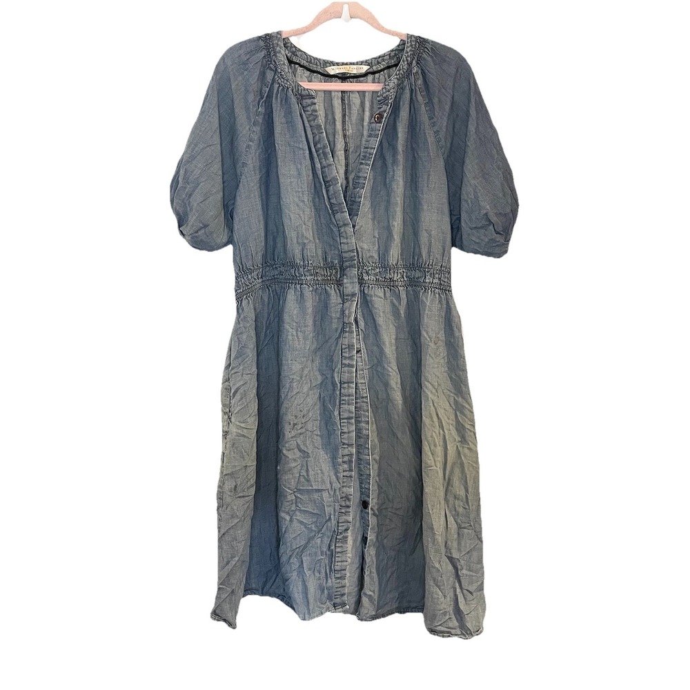 Wayward Fancies Blue Chambray Button Front Midi Dress 100% Cotton V-Neck XL 18